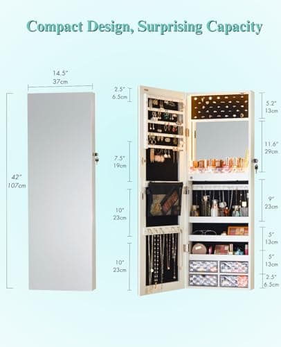 LUXFURNI LED Lights Mirror Jewelry Cabinet Wall Mounted or Door-Hanging, 42" Full Length Mirror with Storage, Built-in Makeup Mirror, Lockable Jewelry Mirror Organizer, White - Image 7