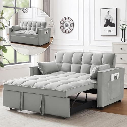 3 In 1 Velvet Convertible Sofa Bed, Pull Out Couch Bed with Reclining Backrest And 2 Pillows, 54" Full Size Loveseat Sleeper Sofa Futon Couch Bed, Couches For Small Spaces, Living Room (Silver Grey)