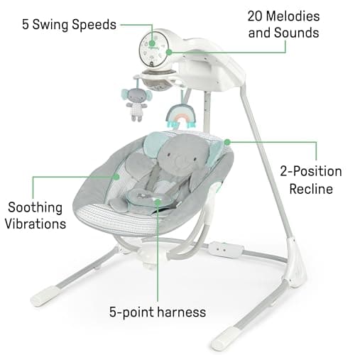 Ingenuity InLighten 5-Speed Baby Swing - Swivel Infant Seat, 5 Point Safety Harness, Nature Sounds, Lights - Van Elephant - Image 4