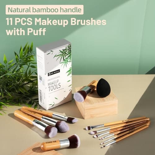 BS-MALL Makeup Brush Set 11Pcs Bamboo Synthetic Kabuki Brush Set Foundation Powder Blending Concealer Eye shadows Blush Cosmetics Brushes with Organizer Bag & Makeup Sponge (style, Count, 12) - Image 7