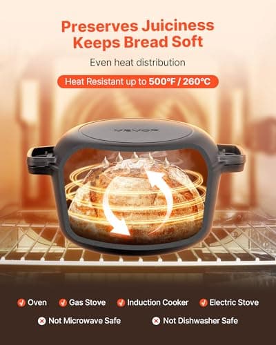 VEVOR Cast Iron Dutch Oven, 2-in-1 Pre-Seasoned Pot with Skillet Lid, 5QT Cookware Pan with Proofing Basket, Bread Baking Accessories, Bread-Oven Compatible 500℉ - Image 5