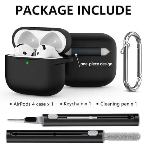 Ljusmicker for AirPods 4 Case Cover 2024 with Cleaner Kit,Soft Silicone Protective Case for Apple AirPods 4th Generation Case for Women Men,AirPod 4 Case Accessories with Keychain-Black - Image 3