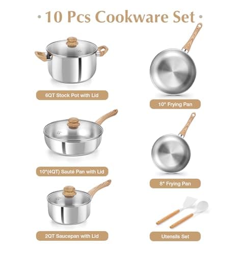 KOCH SYSTEME CS Stainless Steel Coowkare Set 10PCS, Professional 18/10 Stainless Steel Pots and Pans Set with Cool-Touch Handles, Tri-ply Base, Kitchen Cookware Sets, Cooking Set Induction Compatible - Image 5