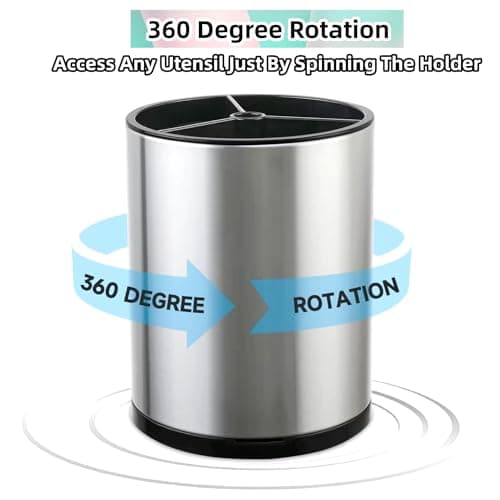 LIBODOUR Kitchen Utensil Holder Extra Large 360°Rotating For Counter Organizer Stainless Steel Storage Cooking Silverware Caddy 3 Compartment Flatware Spoon Spatula Tool Cutlery Container（Silvery） - Image 4