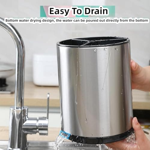 LIBODOUR Kitchen Utensil Holder Extra Large 360°Rotating For Counter Organizer Stainless Steel Storage Cooking Silverware Caddy 3 Compartment Flatware Spoon Spatula Tool Cutlery Container（Silvery） - Image 6