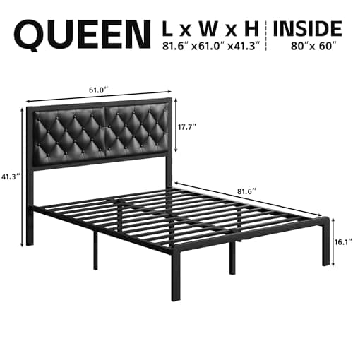Fluest Queen Bed Frame with Headboard PU Leather Upholstered Bed Frame Platform,All Metal Slats Support Platform Bed Frame with Storage Space,Easy Assembly,Noise Free,No Box Spring Needed,Black - Image 2
