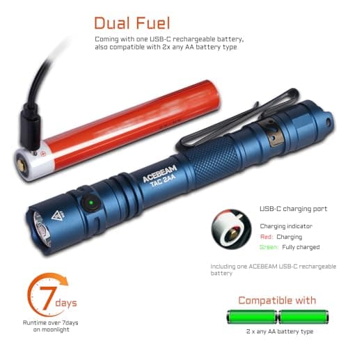 ACEBEAM TAC 2AA EDC Tactical Dual Modes Flashlight Rechargeable, 1400 High Lumens Flashlight, Dual Switch Pocket LED Flashlight, Super Bright Small Flash Light for Emergency, Camping, Home(SFT-25R HI) - Image 5