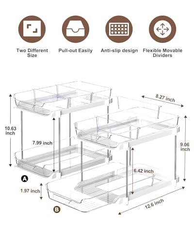 Delamu 2 Sets of 2-Tier Multi-Purpose Bathroom Under Sink Organizers and Storage, Stackable Kitchen Pantry Organization, Pull Out Medicine Cabinet Organizer with 8 Movable Dividers - Image 2