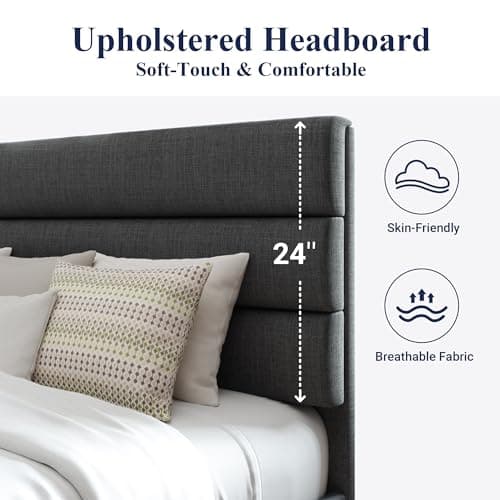 Allewie Queen Size Platform Bed Frame with Fabric Upholstered Headboard and Wooden Slats Support, Fully Upholstered Mattress Foundation/No Box Spring Needed/Easy Assembly, Dark Grey - Image 4