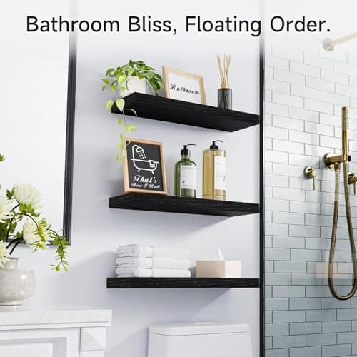 BAYKA Floating Shelves for Wall, Wall Mounted Rustic Wood Shelves for Bathroom, Bedroom, Living Room, Kitchen, Hanging Shelf for Books/Storage/Room Decor with 22lbs Capacity (Black, Set of 3, 15.7in) - Image 4