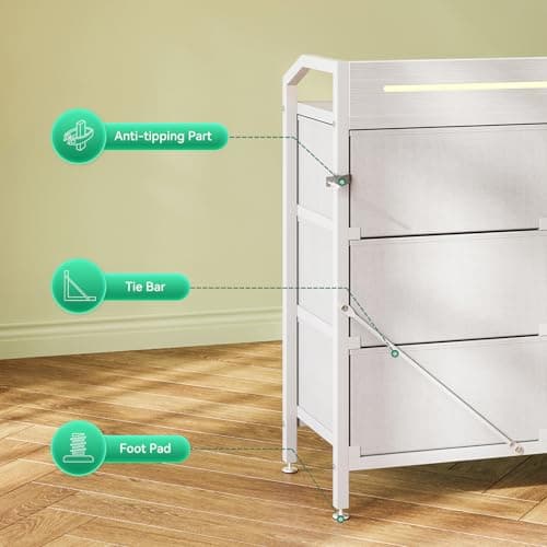 KKL White Dresser for Bedroom with Light Strip & Power Outlet — 8 Drawers Dressers & Chest of Drawers with Shelf, Wood Top, Metal Frame, Wide Dressers for Girls Bedroom, Living Room, Hallway, Closet - Image 8