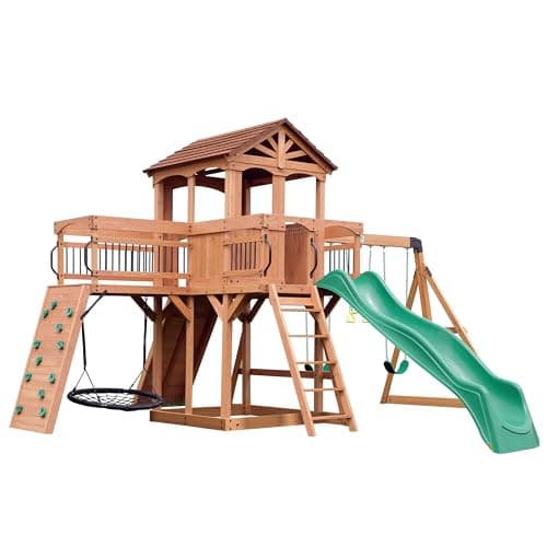 Backyard Discovery Sterling Point Cedar Wood Swing Set with Wave Slide, Raised Clubhouse, Wooden Bridge, Rock Wall, Belt Swings, Web Swing, Trapeze, Balcony, Climbing Wall, Ladder, Outdoor Playset - Image 2
