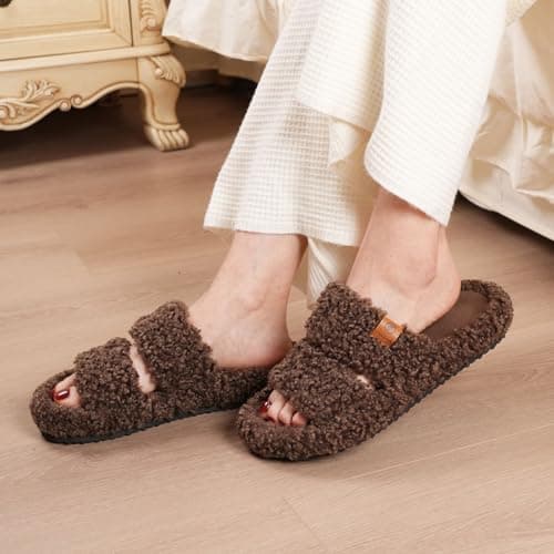 EverFoams Womens Fuzzy Open-toe Slippers Soft Comfy Memory Foam Indoor House Shoes Elegant Mocha, 7-8 US - Image 2