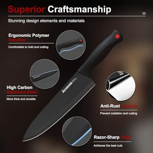 Astercook 15 Piece Knife Set with Sharpener Block - German Stainless Steel, Dishwasher Safe Kitchen Knives with Built-In Sharpener, Black - Image 3