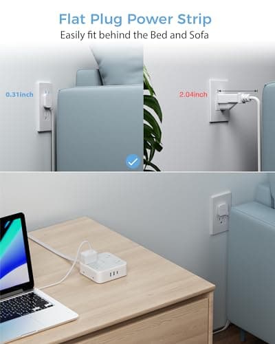 Surge Protector Flat Extension Cord Flat Plug Power Strip, 8 AC Outlets, 3 USB Charger(1 USB C Port) 3-Sided Outlet Extender, 5 Ft, 900 Joules Protection, Office Supplies, Dorm Room Essentials, Grey - Image 3