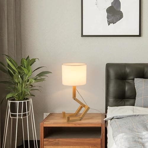 SUNLLOK Bedside Cute Table Lamp with Wood Changeable Base, Vintage White Farbic Lampshade Nightstand Lamp, Industrial Small Reading Desk Light Decor for Living Room, Kids Room, Ktichen Island - Image 6