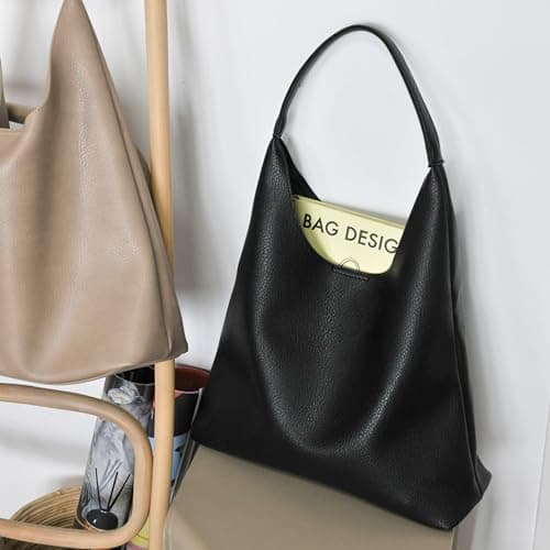 Hobo Bags for Women Soft Vegan Leather Shoulder Handbag Slouchy Tote Purses (Black) - Image 3