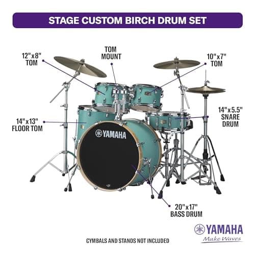 Yamaha Stage Custom Birch 5pc Shell Pack with a 20" Kick 14” Snare Drum in Matte Surf Green for Students and Working Drummers (SBP0F50MSG) - Image 3