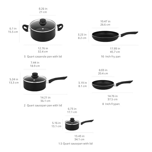 Amazon Basics Non Stick Kitchen Cookware 8-Piece Set, Non-Induction, Includes Pots and Pans, Black - Image 5