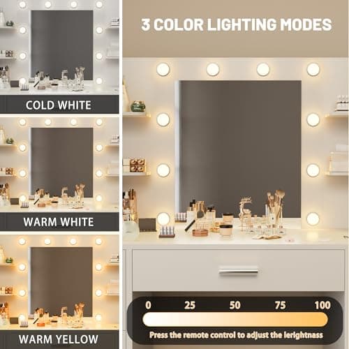 Furmax Vanity Desk with Mirror, LED Lights and Power Outlet Makeup Vanity Table with 7 Drawers and 6 Storage Shelves Dressing Table for Bedroom Dressing Room (White) - Image 3