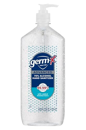 Germ-X Advanced Hand Sanitizer, Non-Drying Moisturizing Clear Gel, Instant and No Rinse Formula, Large Family Size Pump Bottle, Back to School Supplies, 34 Fl Oz (1 Liter)