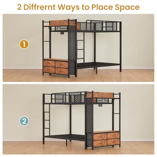Itaar Metal Bunk Bed Twin Over Twin with Hall Tree, Power Outlet, LED Bunk Bed with 4 Storage Drawers, Bed with Safety Guardrail & Ladders, No Box Spring Needed, Easy Assembly, Rustic Brown - Image 4