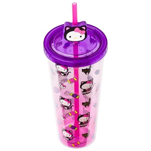 Silver Buffalo Sanrio Hello Kitty Halloween Costume Black Cat and Candy Plastic Cold Cup with Lid and Straw Topper, 24 Ounces - Image 3
