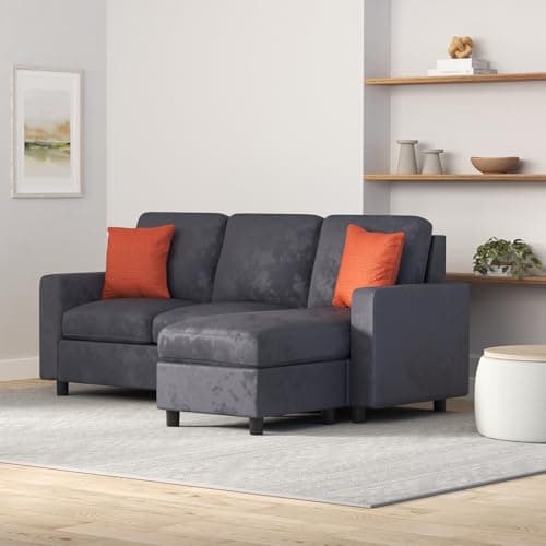 Best Choice Products Upholstered Sectional Sofa for Home, Apartment, Dorm, Bonus Room, Compact Spaces w/Chaise Lounge, 3-Seat, L-Shape Design, Reversible Ottoman Bench, 680lb Capacity - Blue/Gray - Image 2