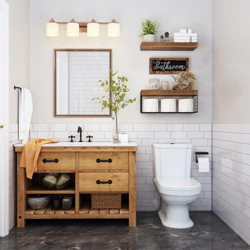 QEEIG ‎Bathroom Shelves Over Toilet - Paper Storage Wall Mounted Farmhouse Decor Decorations Aesthetic Décor Sign Small Floating Shelf 2+1 Set 16 inch, Rustic Brown (020BN) - Image 2