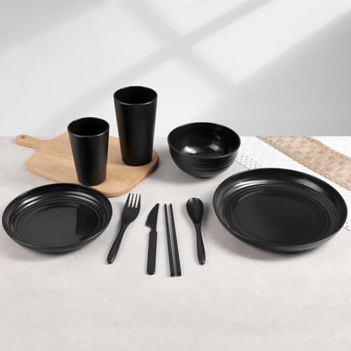 72 Pcs Plates and Bowls Sets, Unbreakable Wheat Straw Dinnerware Set Service for 8, Plastic Dish Set, Reusable Plates Bowls Cups for Kitchen, Camping, Outdoor, Dorm Microwave & Dishwasher Safe, Black - Image 8