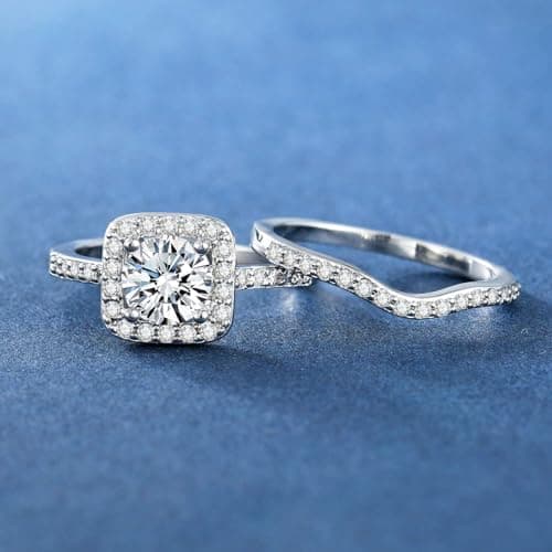 MDFUN 18K White Gold Plated Cubic Zirconia Two-In-One Halo Wedding Engagement Promise Eternity Ring for Women Size 7 - Image 4