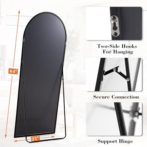 DUMOS Arched Full Length Mirror with Stand 64"x21" Floor Standing Aluminum Frame for Bedroom Body Hanging Leaning Modern Simple Home Decor Shatter-proorf Nano Glass Wall Living Room Cloakroom Black - Image 5