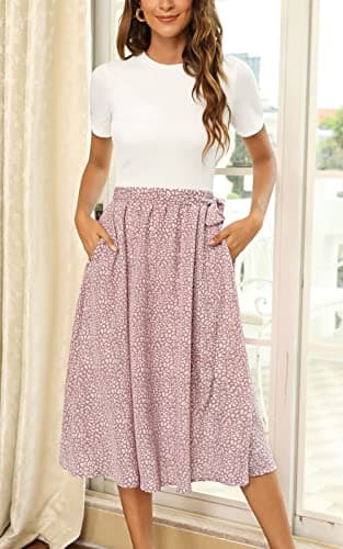 Zattcas Summer Midi Dress for Women Pocket Dress with Sleeve White Mauve M - Image 2
