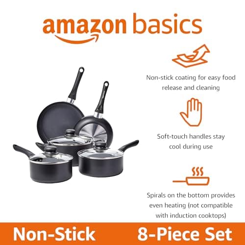Amazon Basics Non Stick Kitchen Cookware 8-Piece Set, Non-Induction, Includes Pots and Pans, Black - Image 2