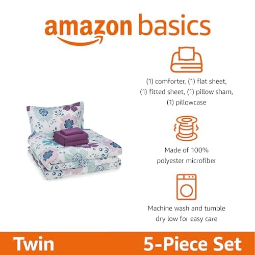 Amazon Basics 5 Piece Soft Microfiber Kid's Bed-in-a-Bag Bedding Set, Twin, Bluish Flowers, Floral - Image 2