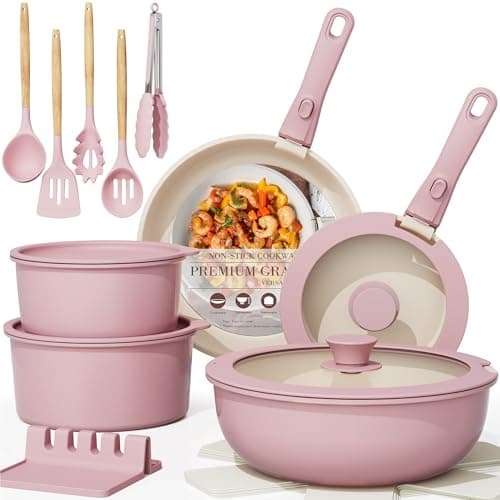 Astercook 21 Pcs Pots and Pans Set Non Stick, Ceramic Cookware Set Detachable Handle, RV Kitchen Cooking Set Removable Handles, Oven Safe, Induction Ready, Stackable Non-stick Set, Pink