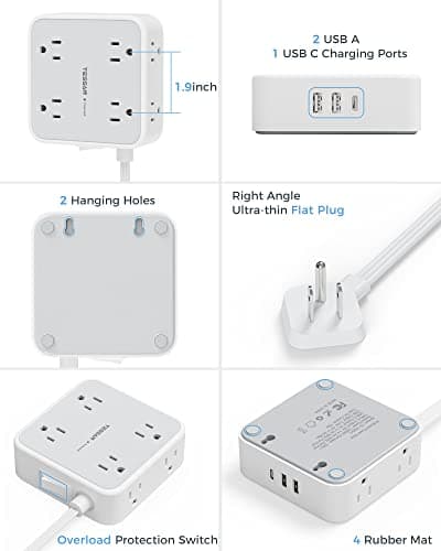 Surge Protector Flat Extension Cord Flat Plug Power Strip, 8 AC Outlets, 3 USB Charger(1 USB C Port) 3-Sided Outlet Extender, 5 Ft, 900 Joules Protection, Office Supplies, Dorm Room Essentials, Grey - Image 7