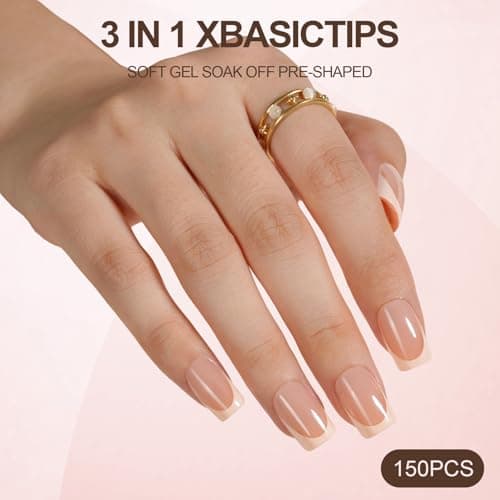 Misssix XBASICTIPS French Tip Press On Nails, 150 Pcs Short Square French Gel Nail Tips, Soft Gel Soak Off Pre-shaped No File Need Fake Nails for Nail Art DIY 15 Sizes - Image 2
