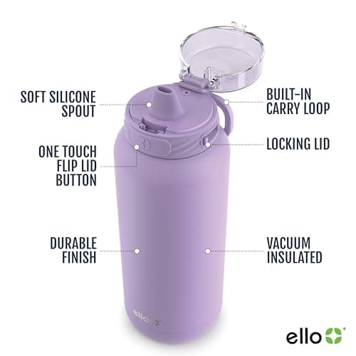 Ello Cooper 22oz Stainless Steel Water Bottle with Straw and Carry Handle, Double Walled and Vacuum Insulated Metal, Leak Proof Locking Lid with Soft Silicone Spout, Reusable, BPA Free, Lilac - Image 3