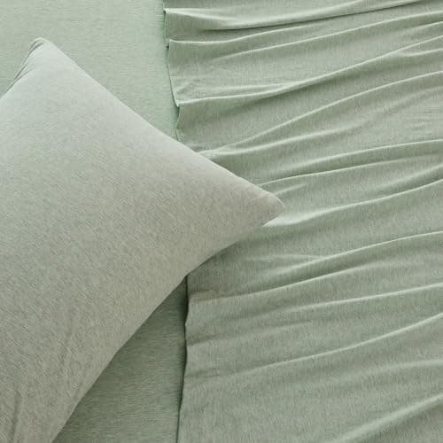 Cotton Jersey Knit Twin XL Sheet Set - Ultra-Soft, Stretchy, Heathered Melange Green Bed Sheets - Cozy, Soft T-Shirt Sheet & Pillowcase Set - Image 4