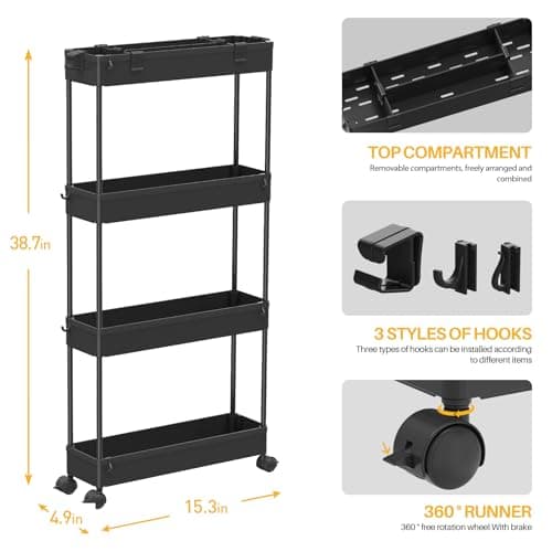 SPACELEAD Slim Storage Cart 4 Tier,Bathroom Organizer Rolling Utility,Mobile Shelving Unit Slide Out for Office, Kitchen, Laundry Room & Narrow Places,Black - Image 4