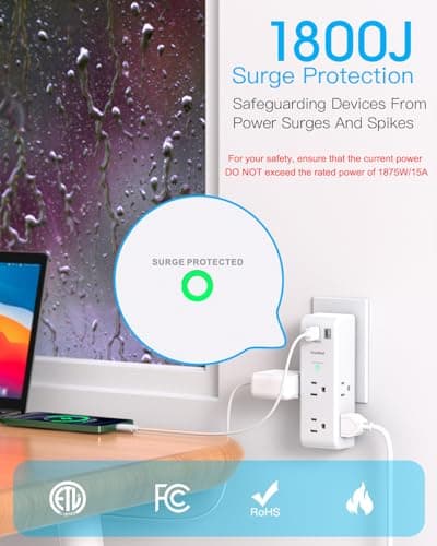 Surge Protector Outlet Extender with Rotating Plug - One Beat 6 AC Multi Plug Outlet with 3 USB Ports (1 USB C), 1800J Wall Charger, 3-Sided Power Strip Spaced Outlet Splitter for Home Office Travel - Image 5