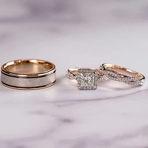Engagement rings for couples set,3 pc His and Her Wedding Ring Set, Hypoallergenic Rose Gold Ring Set, Cubic Zirconia Bride Promise Rings Set,size 6-10 (8) - Image 2