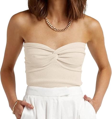 EFAN Womens Tube Tops Summer Sweater Twist Knot Front Knit Bandeau Strapless Ribbed Sleeveless Y2K Corset Crop Top Apricot M