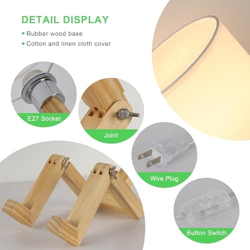 SUNLLOK Bedside Cute Table Lamp with Wood Changeable Base, Vintage White Farbic Lampshade Nightstand Lamp, Industrial Small Reading Desk Light Decor for Living Room, Kids Room, Ktichen Island - Image 4