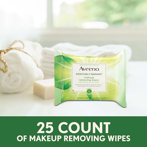 Aveeno Positively Radiant Makeup Remover Wipes, Gentle Individual Face Wipes with Moisture-rich Soy Extract to help leave your skin looking bright, Hypoallergenic Formula, Non-Comedogenic (Pack of 25) - Image 6