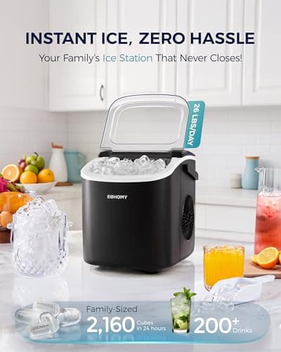 EUHOMY Countertop Ice Maker Machine with Handle, 26lbs in 24Hrs, 9 Ice Cubes Ready in 6 Mins, Auto-Cleaning Portable Ice Maker with Basket and Scoop, for Home/Kitchen/Camping/RV. (Black) - Image 2