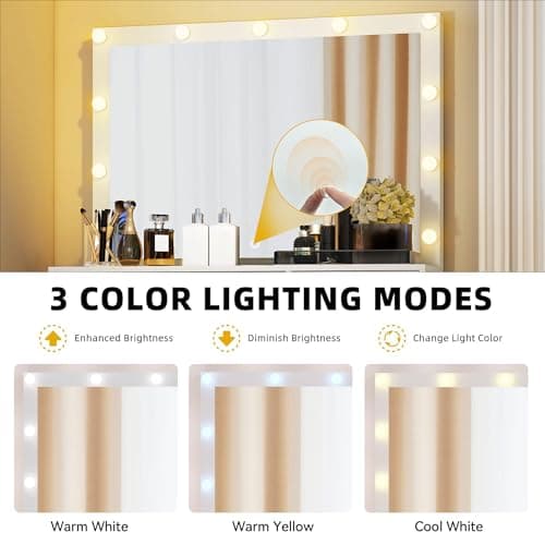 DWVO LED Makeup Vanity Table with 3 Light Modes, 4 Storage Drawers, Built-in Power Outlets & Hairdryer Holder, Dressing Table with Cushioned Stool - Image 3