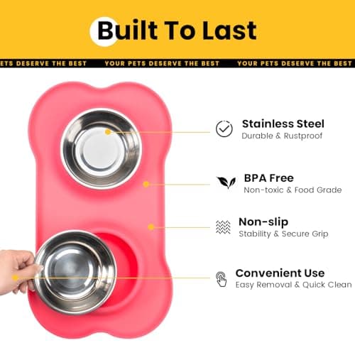 Conlun Dog Bowls with Silicone Feeding Mat, No Spill Food Water Dish Set, Dishwasher Safe, 2 Stainless Steel Puppy Bowls, Suitable for Tiny Dogs Kittens Cats Rabbits Pets under 8lbs, Extra Small, Pink - Image 3