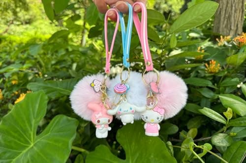 PaPiJoJo Cute Keychains for Women/Girls, Kawaii Pom Pom Fuzzy Key Chain Accessories Wristlet Cartoon Keychain for Backpack Car Keys (Pink208) - Image 3